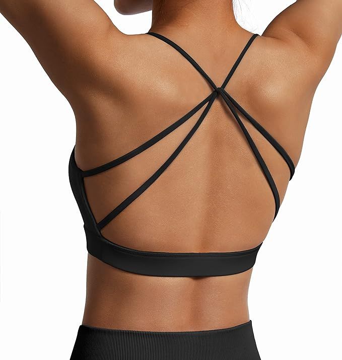 RXRXCOCO Womens Strappy Sports Bra Padded Criss Cross Back Sexy Workout Yoga Bra | Amazon (US)
