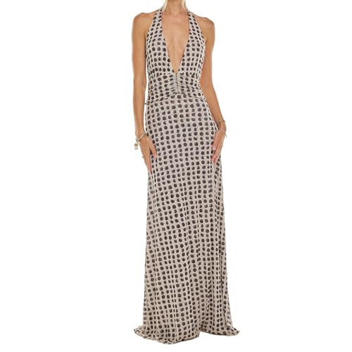 Amazon.com: Amiblvowa Women Halter V Neck Maxi Dress Sexy Deep Plunge Backless Bodycon Low Cut Lo... | Amazon (US)