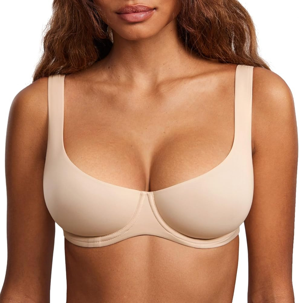 DOBREVA Women's Unlined Balconette Bra Underwire Supportive Plus Size Smooth Scoop Neck | Amazon (US)