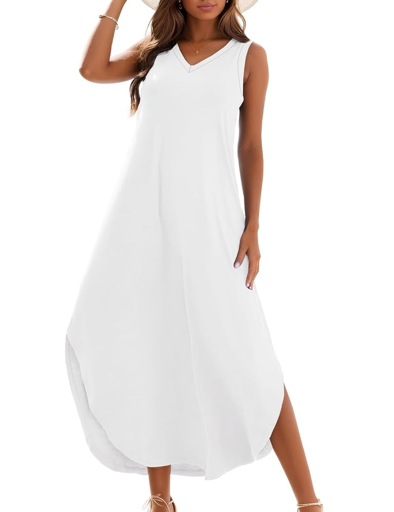 Zilcremo Women's Summer Casual Loose Sundress Long Dress Sleeveless V Neck Split Tshirt Maxi Dres... | Amazon (US)