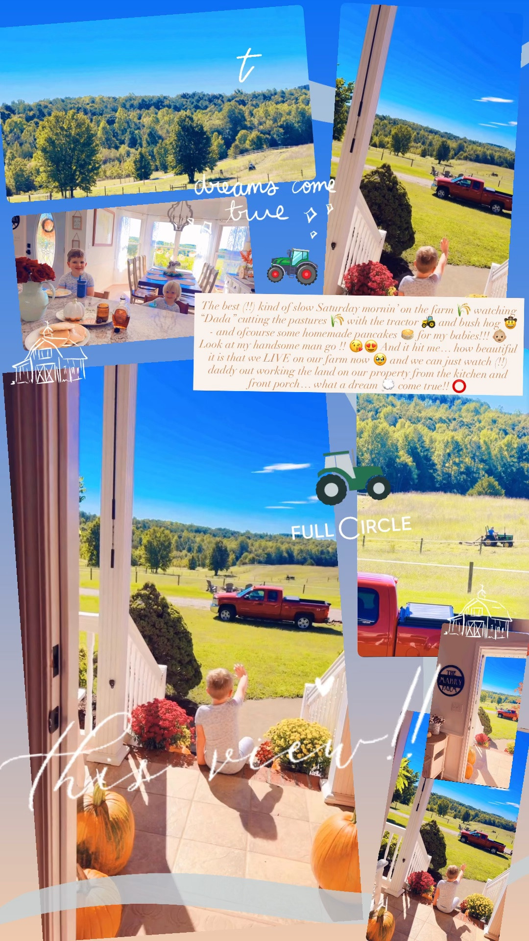 The best (!!) kind of slow Saturday mornin’ on the farm 🌾 watching “Dada” cutting the pastures 🌾 with the tractor 🚜 and bush hog 🤠 - and ofcourse some homemade pancakes 🥞 for my babies!!! 👶🏼 Look at my handsome man go !! 😘😍 And it hit me… how beautiful it is that we LIVE on our farm now 🥹 and we can just watch (!!) daddy out working the land on our property from the kitchen and front porch… what a dream 💭 come true!! ⭕️