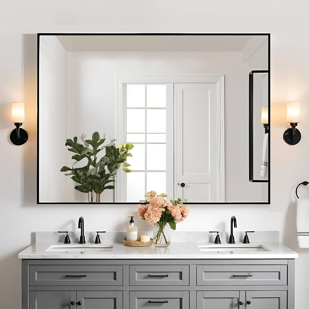 Retangle Mirror 30X36 Inch, Black Bathroom Mirror, Black Metal Framed Wall Mounted Mirror for Wal... | Amazon (US)
