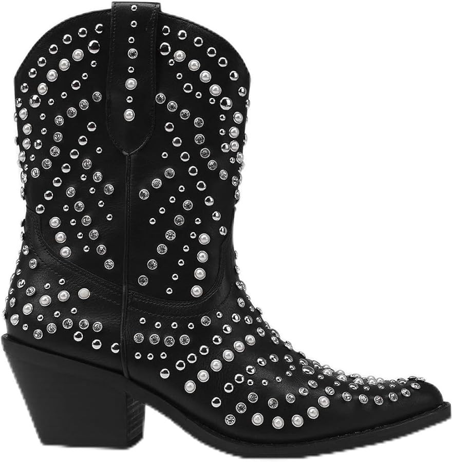 Women's Studded Rhinestone Pearl Western Boots Mid-Calf Boots Cowgirl Boots Ankle Boots Pointed T... | Amazon (US)