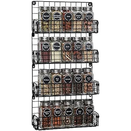 Spice Rack Organizer Wall Mounted 4-Tier Stackable Black Iron Wire Hanging Spice Shelf Storage Racks | Amazon (US)