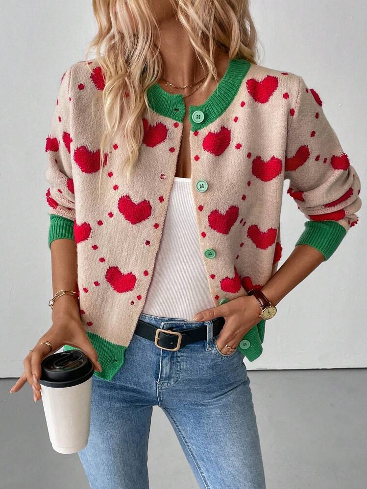 SHEIN LUNE Jacquard Heart Pattern Loose Knit Cardigan, Autumn/Winter | SHEIN