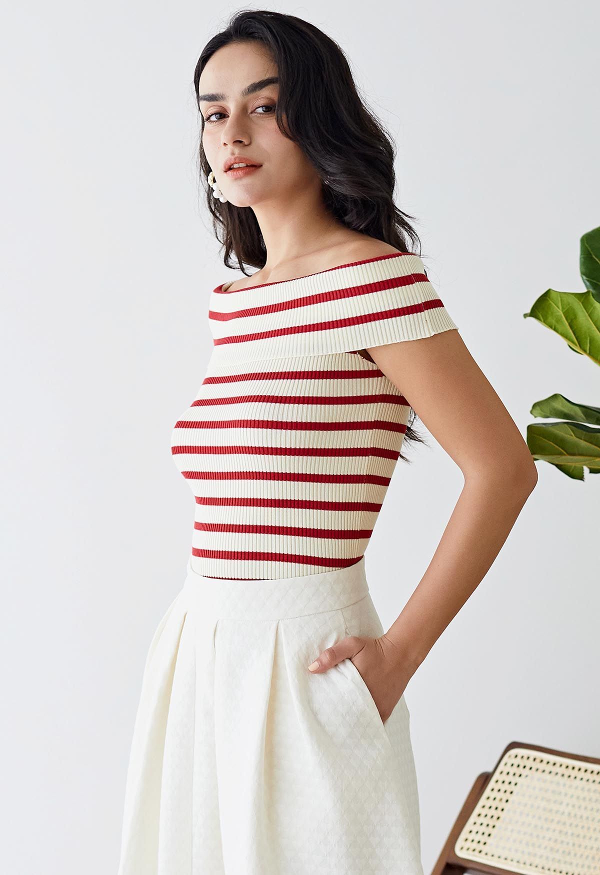 Folded Off-Shoulder Rib Knit Top in Red Stripe | Chicwish
