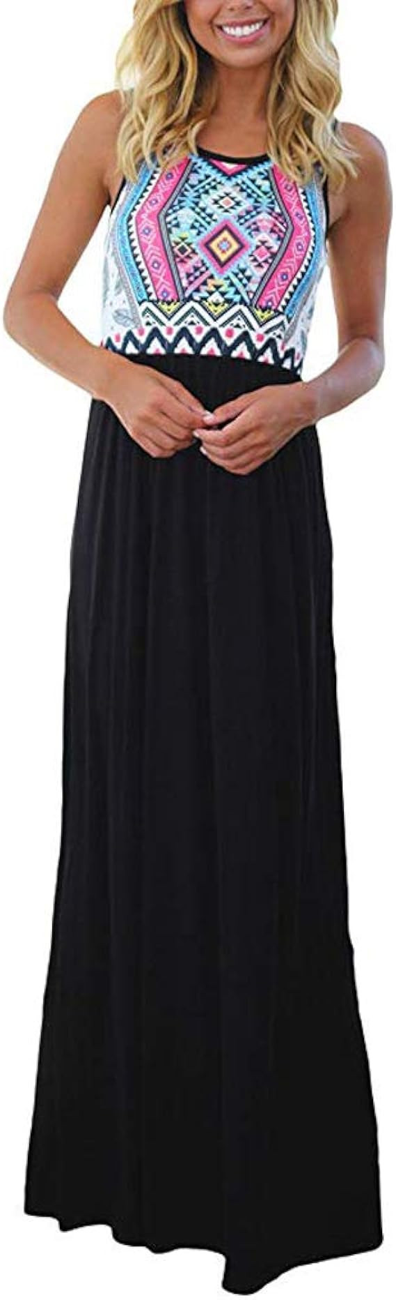 Sherosa Women Boho Chevron Striped Floral Printed Summer Sleeveless Tank Long Maxi Party Dress | Amazon (US)