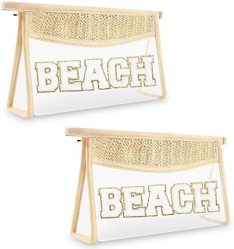 2 Pcs Boho Straw Clear Makeup Letter Bag BEACH Pouch, Sunscreen Bags for Beach Travel Small Cute ... | Amazon (US)