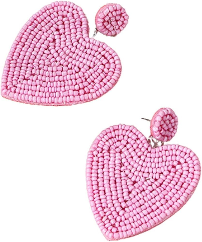 Beaded Dangle Earrings Handmade Heart-shaped Seed Beads Drop Earring for Women Holiday Birthday V... | Amazon (US)