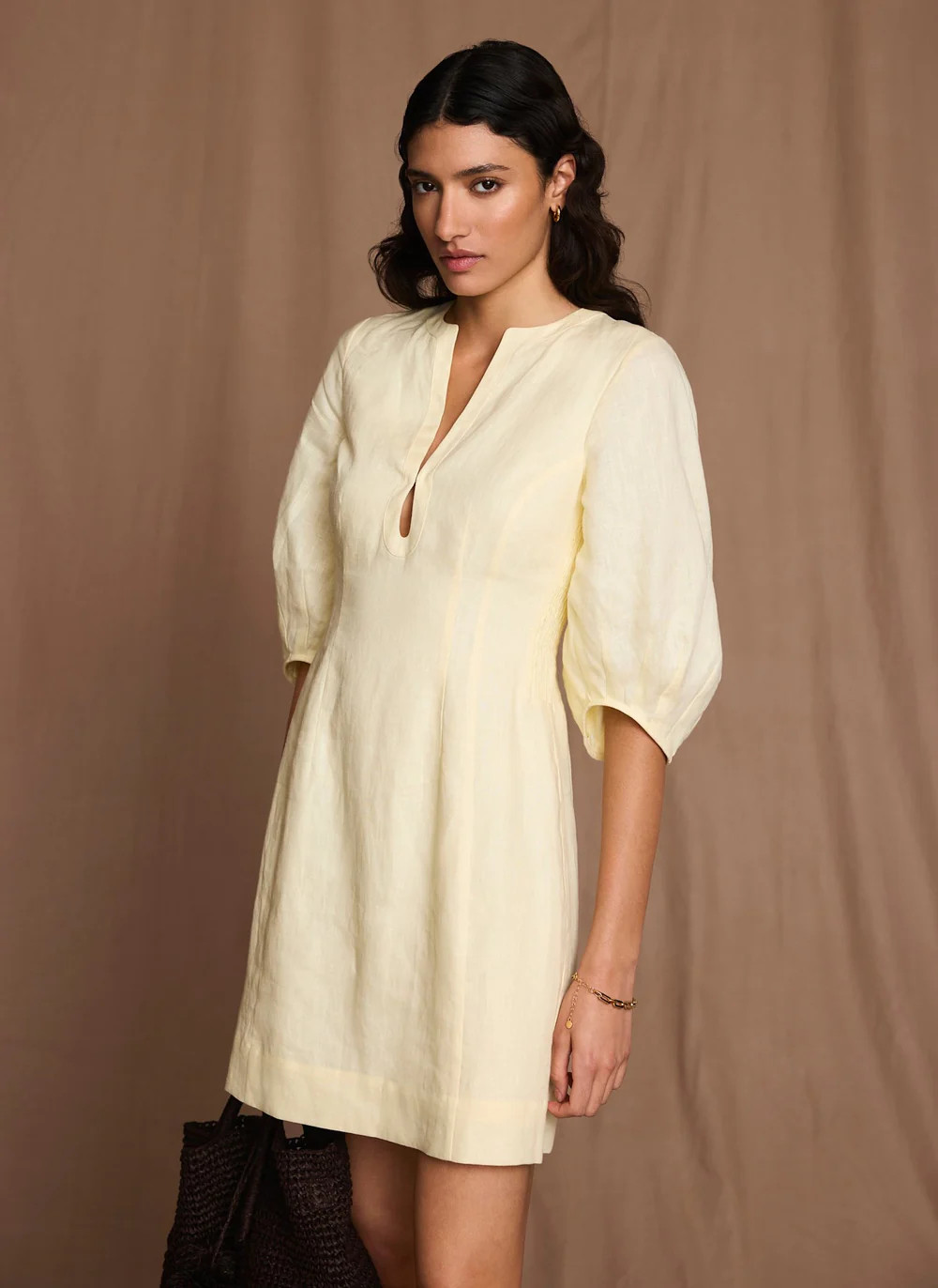 Yellow Linen Puff Sleeve Mini Dress | Mint Velvet