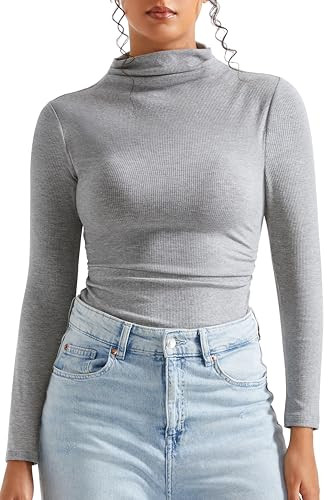 SUUKSESS Women Ribbed Modal Long Sleeve Casual Tops High Neck Going Out Trendy T Shirts (Grey,S) | Amazon (US)