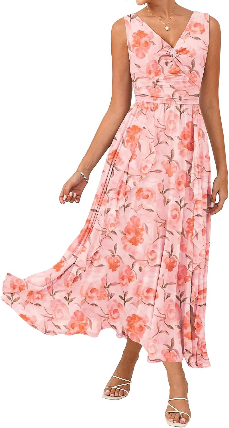 GRACE KARIN Women's Summer Sleeveless Floral Maxi Dress V Neck Formal Wedding Guest Dress A Line Beach Vacation Clothes | Amazon (US)