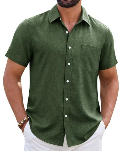 ROUWELL Olive Green Mens Linen Button Down Shirt Wrinkle Free Short Sleeve Casual Shirts Untucked Summer Beach Tops XL | Amazon (US)