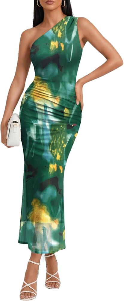 Trendy Queen One Shoulder Maxi Bodycon Mesh Ruched Dress with Side Slit | Amazon (US)