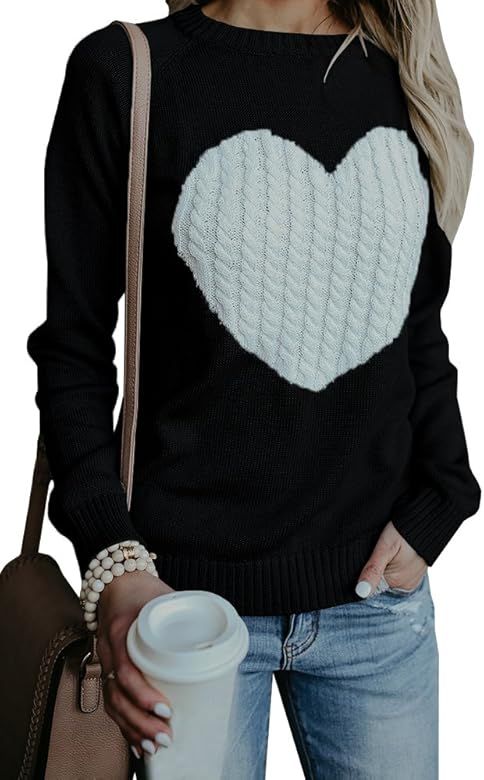 Womens Valentine's Day Cute Love Heart Ribbed Cable Knitted Crew Neck Sweater Pullover | Amazon (US)
