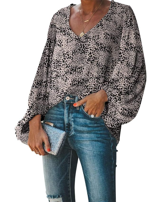 BELONGSCI Women's Casual Sweet & Cute Loose Shirt Balloon Sleeve V-Neck Blouse Top | Amazon (US)