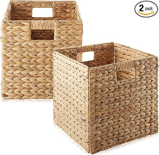 Casafield 12" x 12" Water Hyacinth Storage Baskets, Natural - Set of 2 Collapsible Cube Organizer... | Amazon (US)
