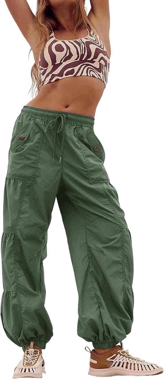 Bankeng Parachute Pants for Women Cargo Pants with Pockets Elastic Waist Drawstring Baggy Hiking ... | Amazon (US)