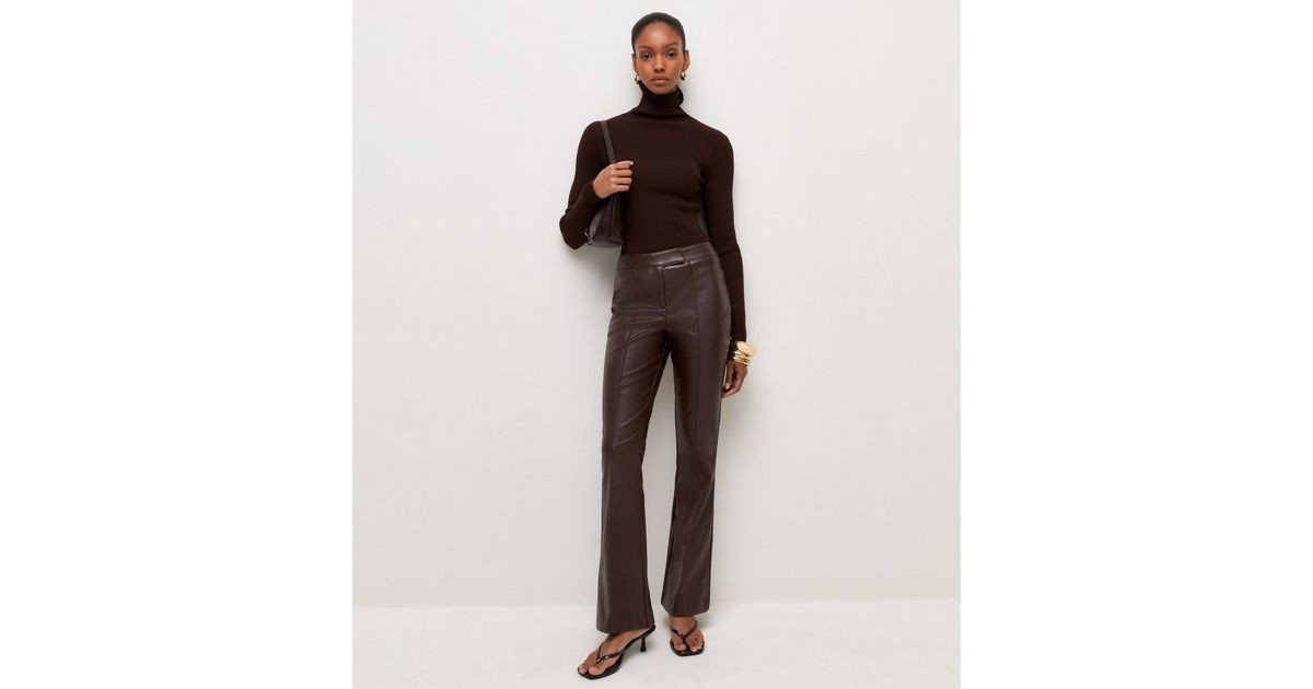 Dark Brown Faux Leather Kick Flare Trousers | New Look (UK)