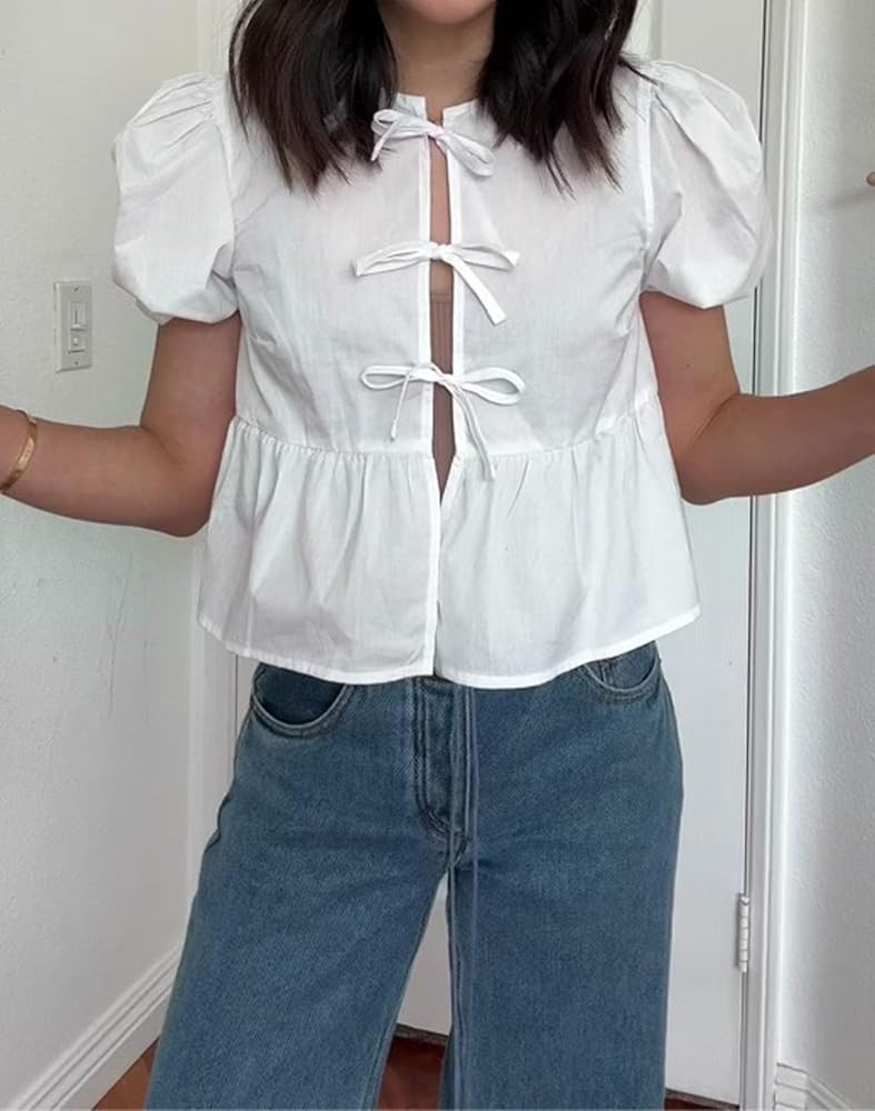 Tie Front Tops for Women Y2k Short Puff Sleeve Blouse Ruffle Hem Peplum Shirt Reversible Babydoll... | Amazon (US)