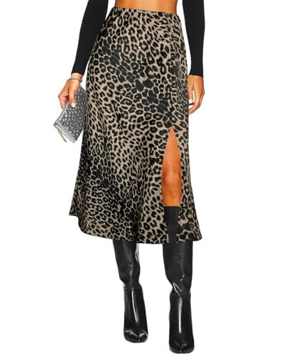 Amazon.com: Women's Side Slit A Line Satin Midi Skirt Elastic High Waisted Cheetah Leopard Print ... | Amazon (US)