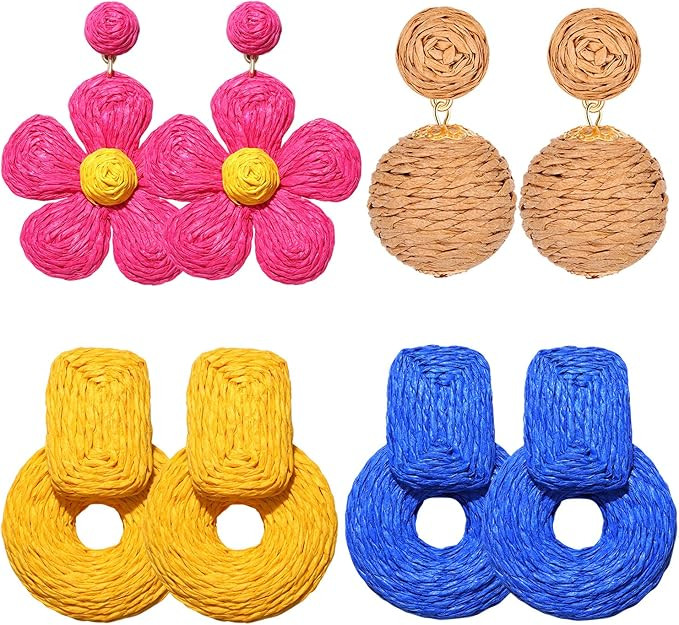 4 Pairs Raffia Earrings Boho Rattan Hoop Dangle Earrings for Women Handmade Straw Wicker Woven Ea... | Amazon (US)