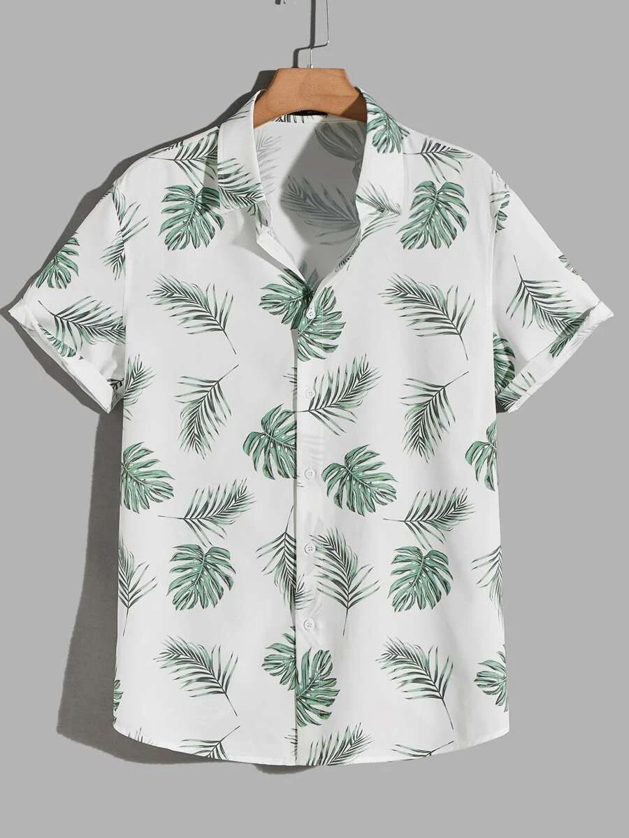 Manfinity RSRT Men Woven Fashionable Casual Beach Short Sleeve Shirt With Leaf Printed Design, Su... | SHEIN