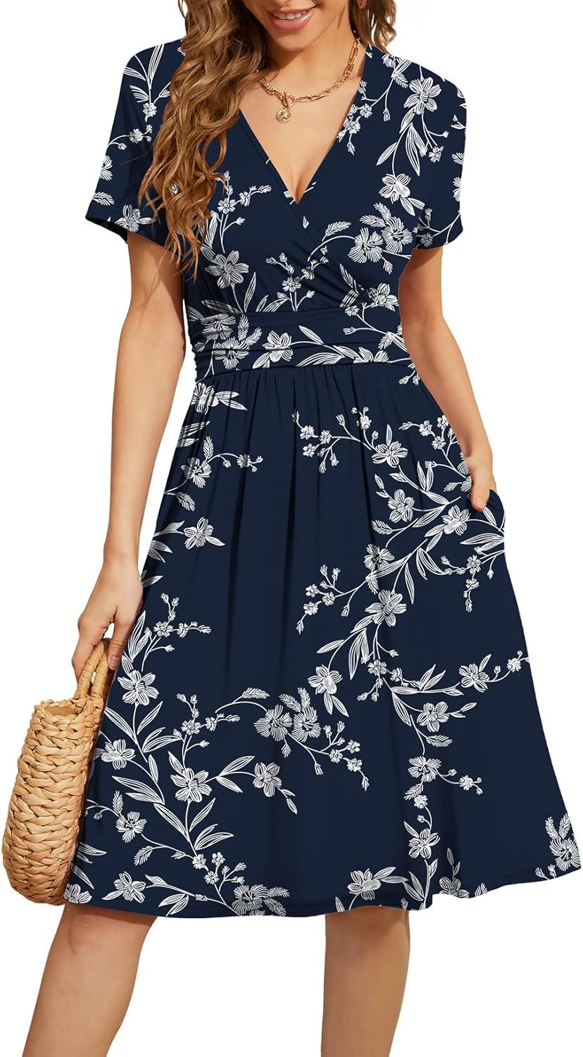 WEACZZY Women's Summer Short Sleeve Casual Dresses V-Neck Floral Party Dress with Pockets | Amazon (US)