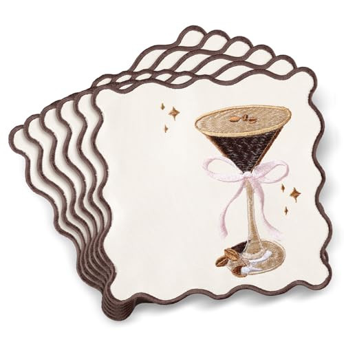 Dunzoom 12 Pcs Martini Cocktail Napkins Cloth Scalloped Embroidery a Tini Bit Older Party Supplies 6"x6" Washable Polyester Satin Cloth for Martini Cocktail Bachelorette Party Gift Decorations (Brown) | Amazon (US)