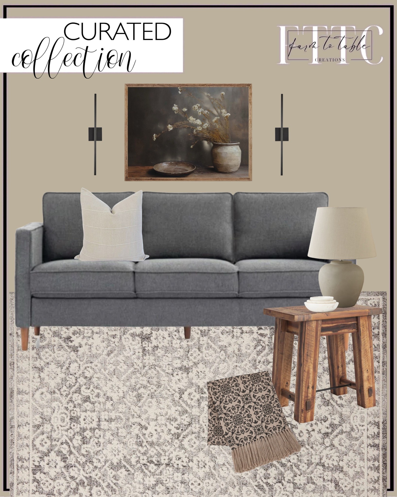 Curated Collection. Follow @farmtotablecreations on Instagram for more inspiration.

Joanna Gaines x Loloi Gigi Grey Ivory Area Rug. Hana Square Arm Sofa. Wood End Table. Rustic ceramic table lamp. Linen Pillow Cover. Rusty Moody Art Print. Handmade throw Blanket. Nesting Bowls. Modern Black Wall Sconce. 

Moody Living Room | Spring Decor | Entryway Decor | Bedroom Furniture | nightstands | Home Decor| Fireplace Decor | Spring Refresh |  Bedroom Finds | Neutral Stems | Spring Stems | Bookshelf Decor | Bedroom Space | Cozy Corner | Bathroom | Curated Entryway | Spring  Decor | End of Year Clearance | Trending Decor | Viral Decor  | Coffee Table Decor | Neutral Decor | Stem Sale | Target Finds | Skinny Bench | Bedroom | Living Room | Breakfast Nook | Amazon Home | Target Sale | Loloi Rugs | Magnolia Home | console table | console table styling | faux stems | entryway space | front porch decor | neutral decor | entryway decor | cozy home | affordable decor |  home decor | home inspiration | console styling | entryway rug | cozy moody home | moody home decor | neutral home | bathroom decor | living room | spring decor | Hearth & Hand | Studio McGee | 2025 Home Trends | trending home | Crate&Barrel 

#LTKFindsUnder50 #LTKSaleAlert #LTKHome