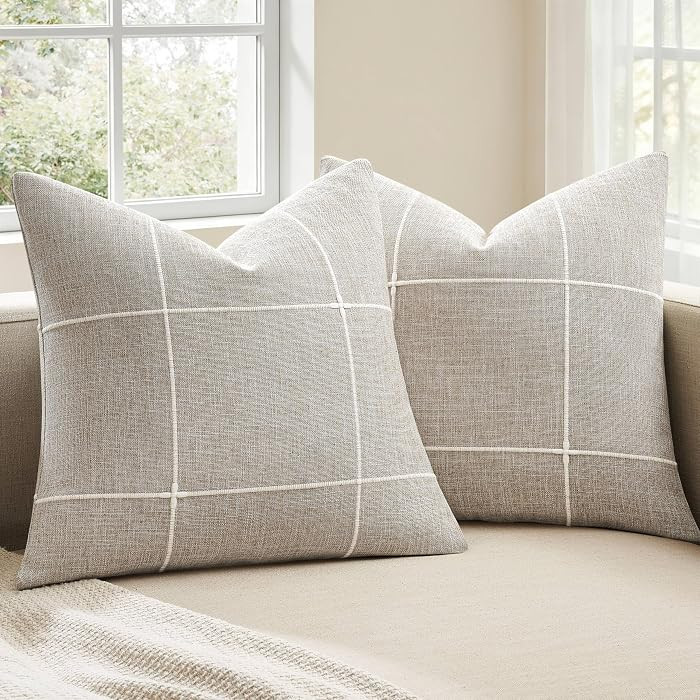 2 Packs Grid Embroidery Throw Pillow Covers, 24x24 Inch Taupe, Farmhouse Linen Decorative Light B... | Amazon (US)