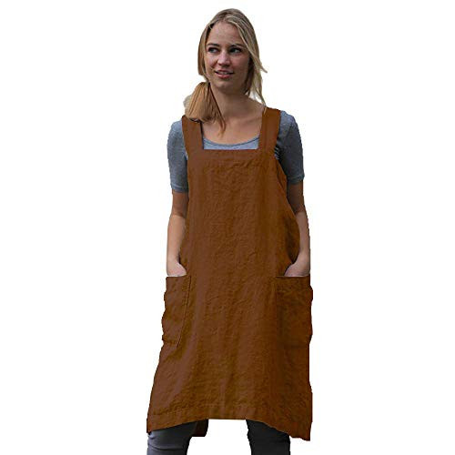 Women's Pinafore Square Apron Baking Cooking Gardening Works Cross Back Cotton/Linen Blend Dress with 2 Pockets Dark Brown-2XL | Amazon (US)