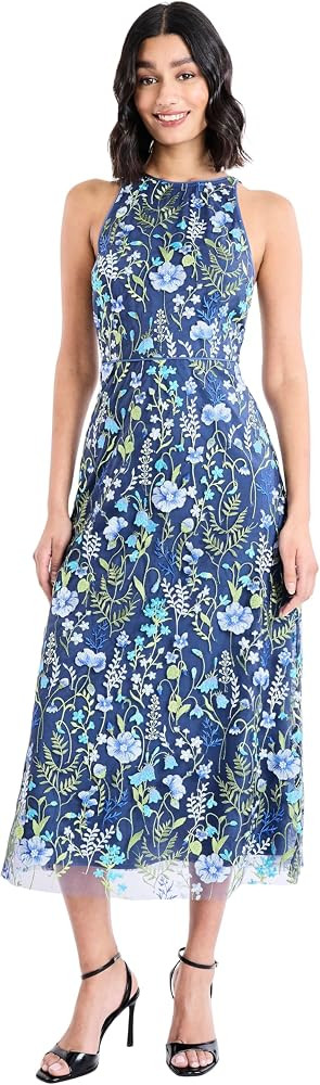 Maggy London Women's Dresses Floral Embroidered Halter Neck Midi Dress with Back V-Neck | Amazon (US)