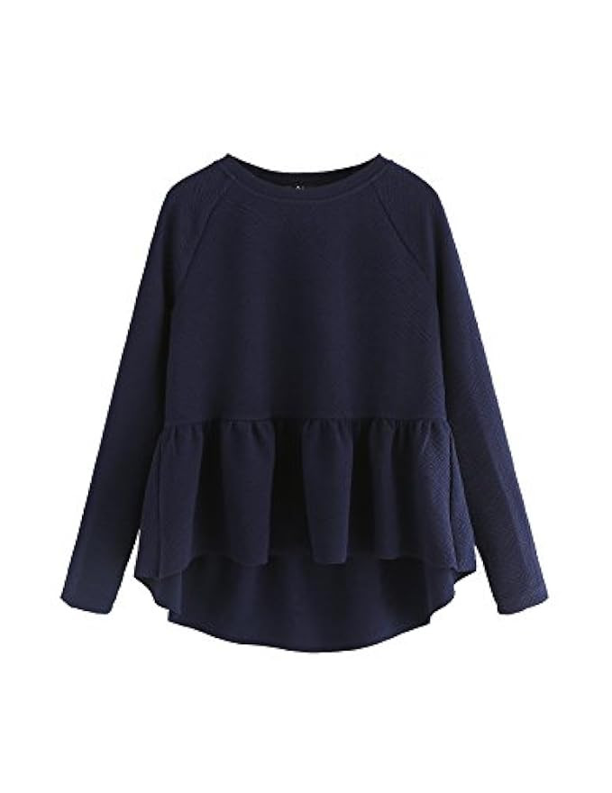 SheIn Women's Loose Round Neck Raglan Long Sleeve Ruffle High Low Hem Smock Top | Amazon (US)