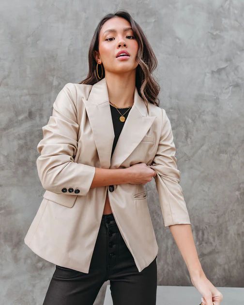 Big City Dreams Faux Leather Pocketed Blazer - Light Taupe  - FINAL SALE | VICI Collection