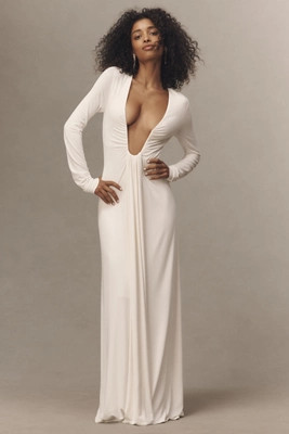 MISHA Jennifer Long-Sleeve Plunge Cupro Maxi Dress | Anthropologie (US)