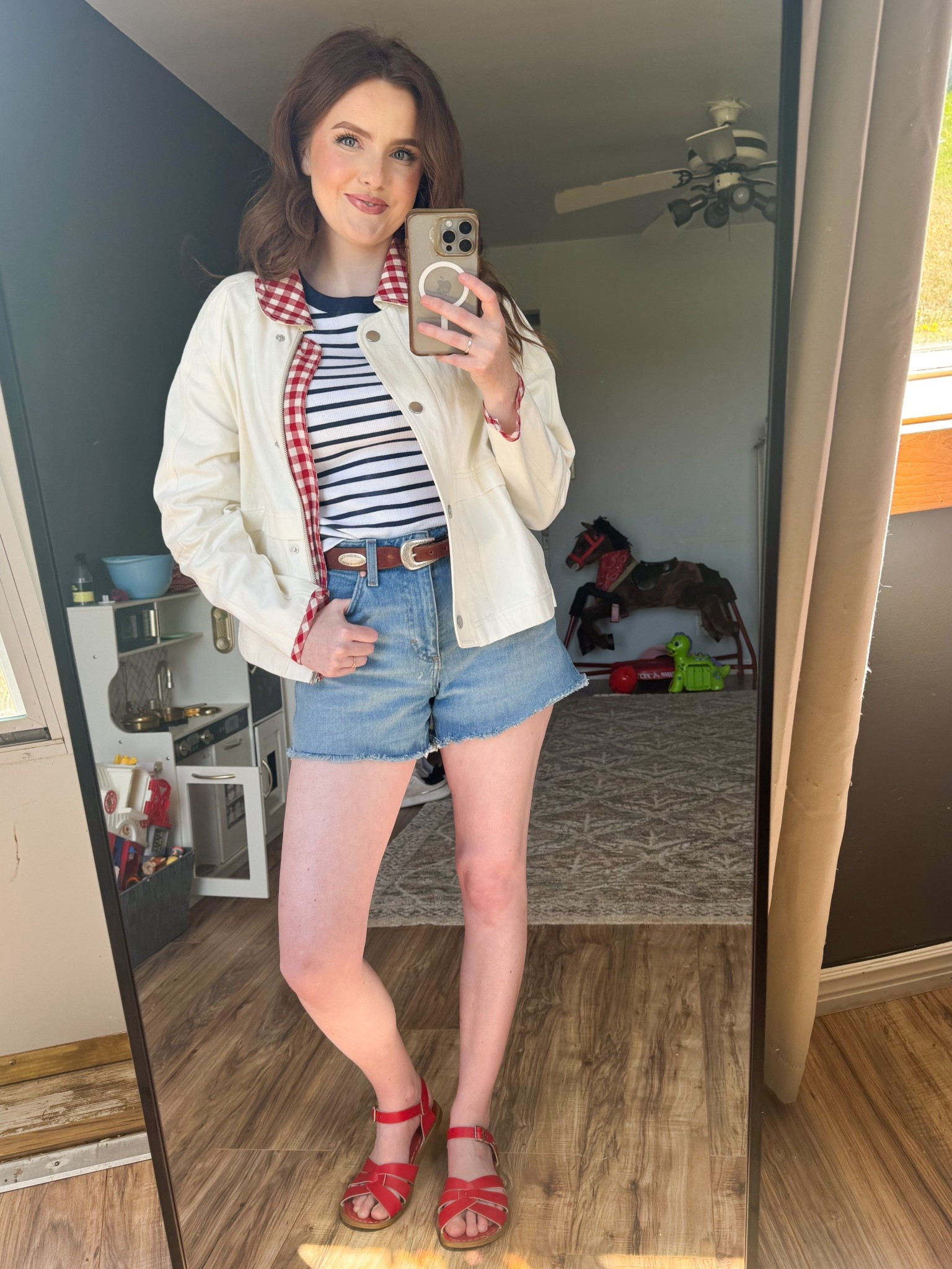 Spring outfit 2026 ✨ This red, white & blue combo is giving all the Memorial Day outfit and 4th of July vibes without even trying. Striped tee + gingham jacket + cutoff denim shorts + red Salt-Water sandals = the summer outfit formula you didn’t know you needed. Linking everything on LTK! 🇺🇸

#LTKPetite #LTKootd #LTKSeasonal