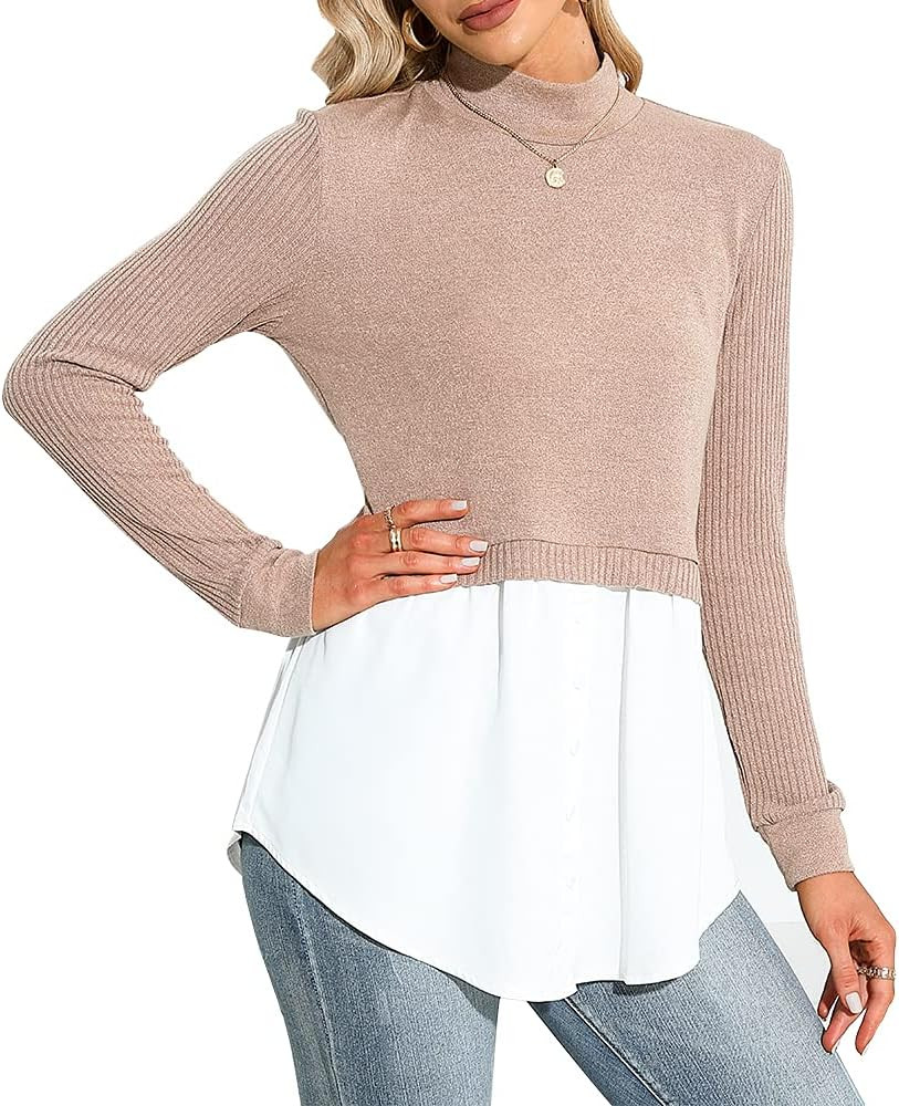 EXLURA Women's Patchwork Shirt Office Shirt Ribbed Sleeve Button Down Shirt Hem 2 in 1 Pullover Blou | Amazon (US)