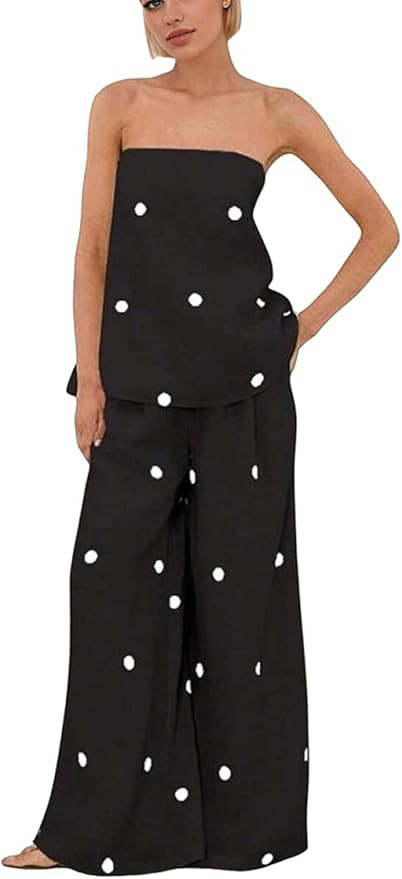Women Polka Dot 2 Piece Outfits Sets Strapless Bandeau Blouse High Waist Wide Leg Pants Summer Va... | Amazon (US)