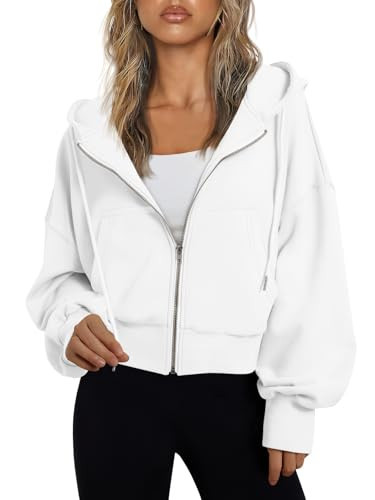 Trendy Queen Hoodies for Women Full Zip Up Cropped Sweatshirts Jackets Casual Comfy Gym Tops Fall Outfits Winter Clothes 2025 White S | Amazon (US)