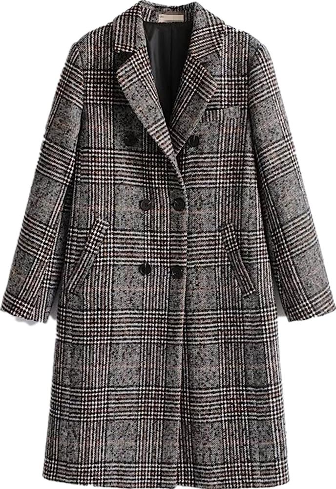 Women Classic Lattice Winter Overcoat Lapel Double Breasted Woolen Long Coat | Amazon (US)
