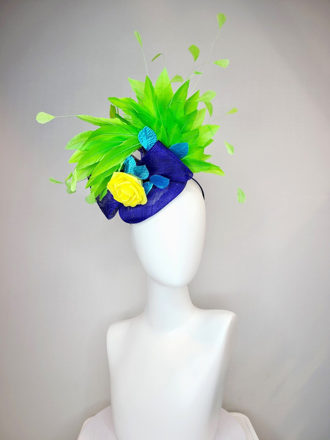 kentucky derby hat fascinator royal blue sinamay with bow and curls with yellow rose and turquois... | Etsy (US)