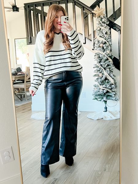 Winter outfit from amazon. Faux leather pants size large. Striped sweater size large. Amazon outfit. 

#LTKunder50 #LTKSeasonal #LTKstyletip