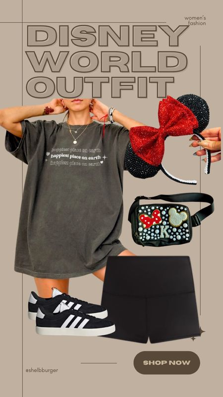 Women’s Disney World outfit

• rhinestone mouse ears black and red bow
• Minnie Mouse belt bag with pearls, mouse bow patches - personalized 
• oversized tshirt happiest place on earth
• biker shorts spandex 
• adidas court shoes

#LTKsalealert #LTKshoecrush #LTKtravel