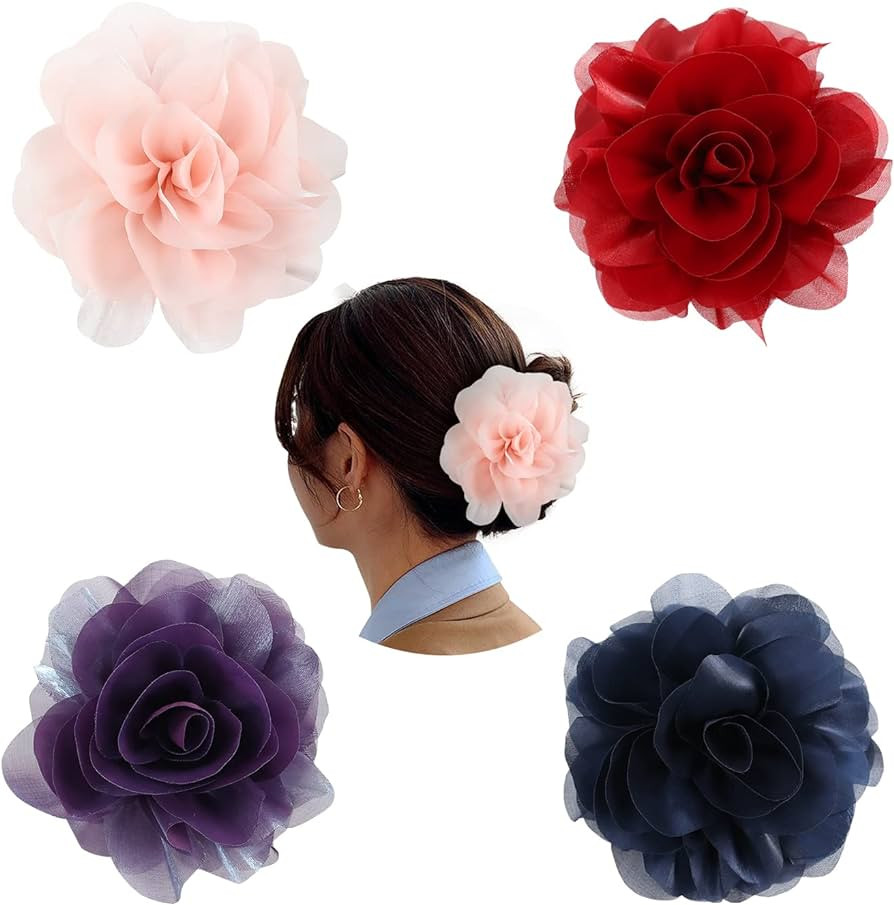 Cinaci 4 Pack Chiffon Big Rose Flower Bow Plastic Hair Claws Clips Barrettes Clamps Ponytail Hold... | Amazon (UK)