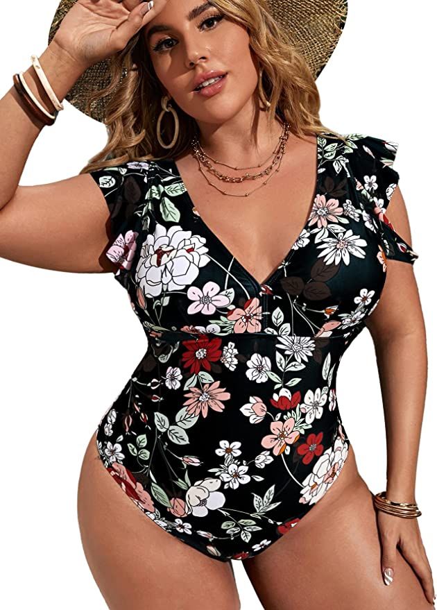 MakeMeChic Women's Plus Size One Piece Swimsuit Floral Deep V Neck Ruffle Bathing Suit | Amazon (US)