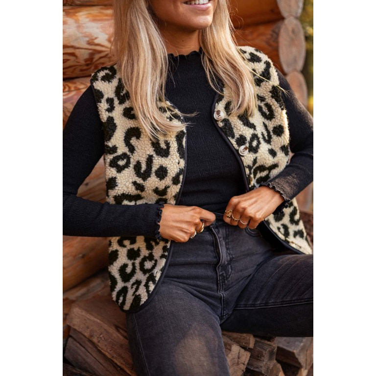 Black Leopard Print Sherpa Button Front Vest Coat | Walmart (US)