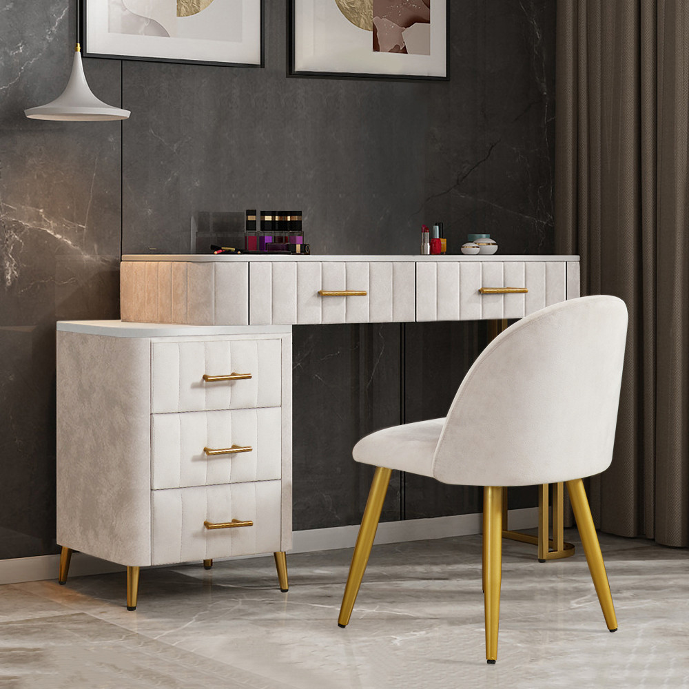 Modern White Velvet Upholstered Makeup Vanity Expandable Dressing Table with Cabinet & Chair | Homary