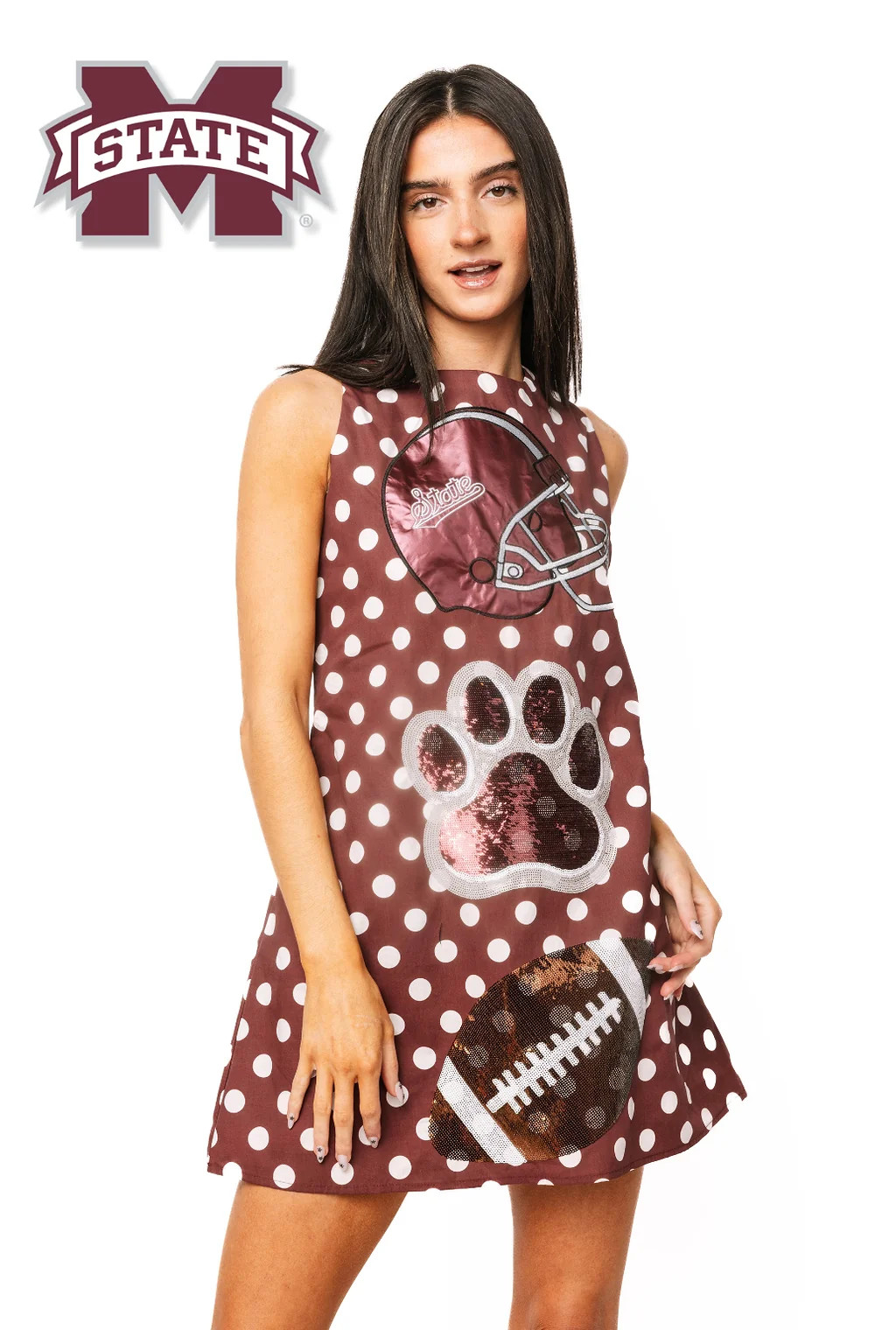 Licensed Miss State Football & Helmet Icon Polka Dot Tank Dress | Queen of Sparkles