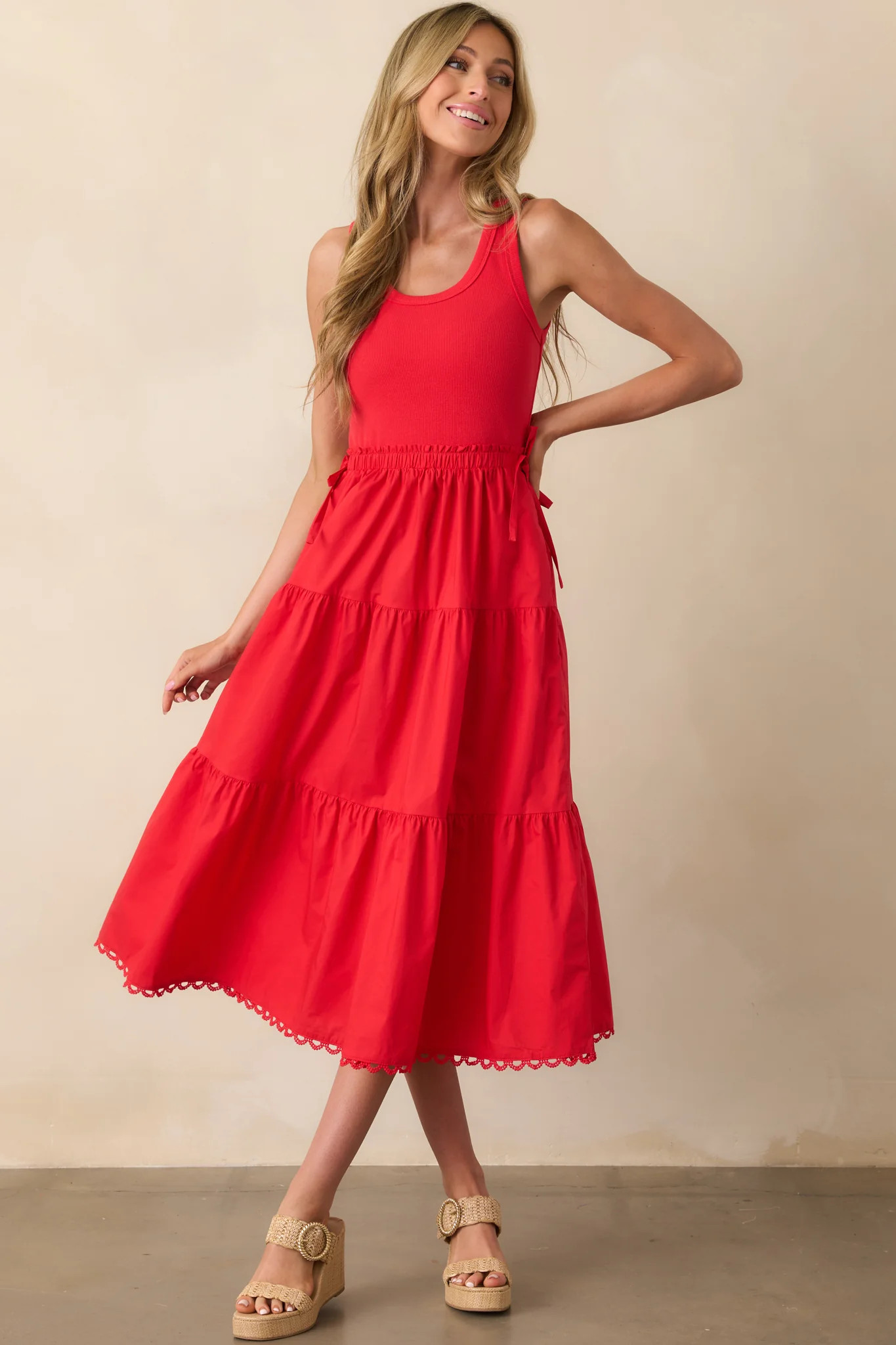 Always The Right Time Red Cotton Sleeveless Midi Dress | Red Dress